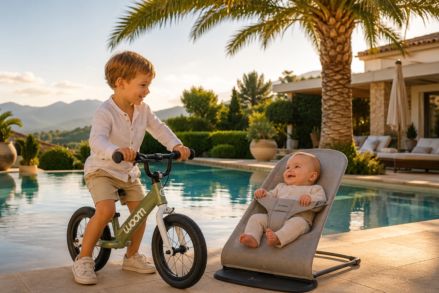 Two happy children by the pool of a Mallorca villa — a toddler on a WOOM balance bike and a smiling baby in a bouncer